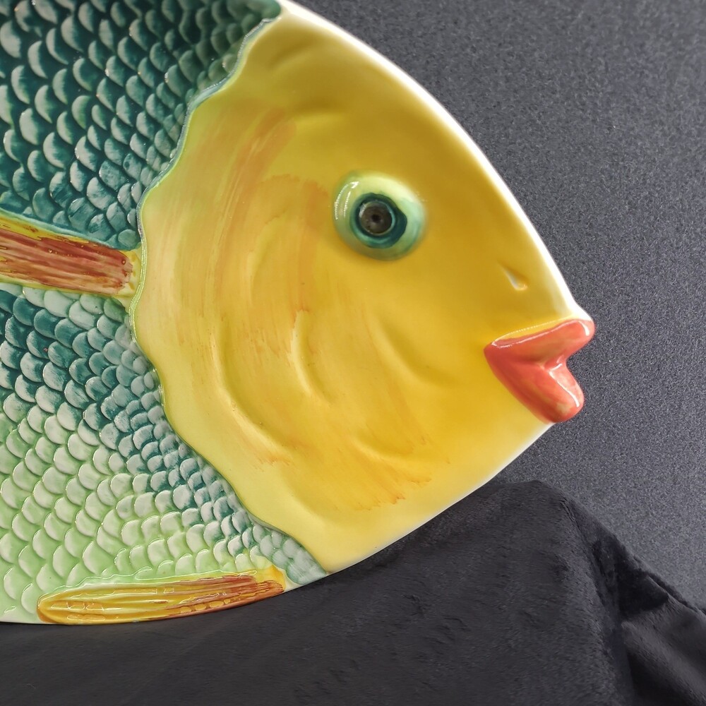 Vintage Portugal Ceramic Fish Platter 18" Majolica Serving Tray Yellow Green